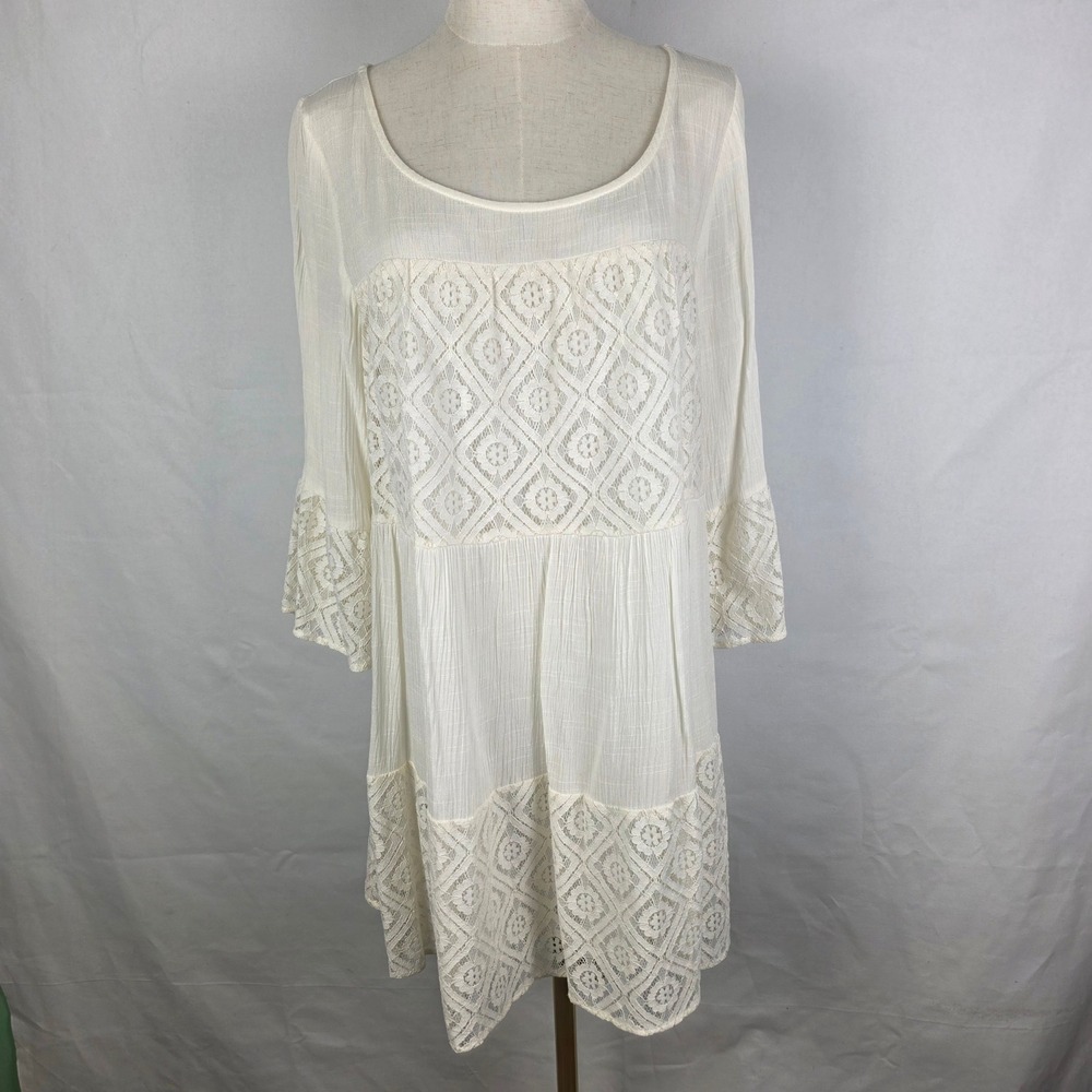 Entro Ivory Lace Boho Mini Dress Bell‎ Sleeve Cream D4093 Womens Small